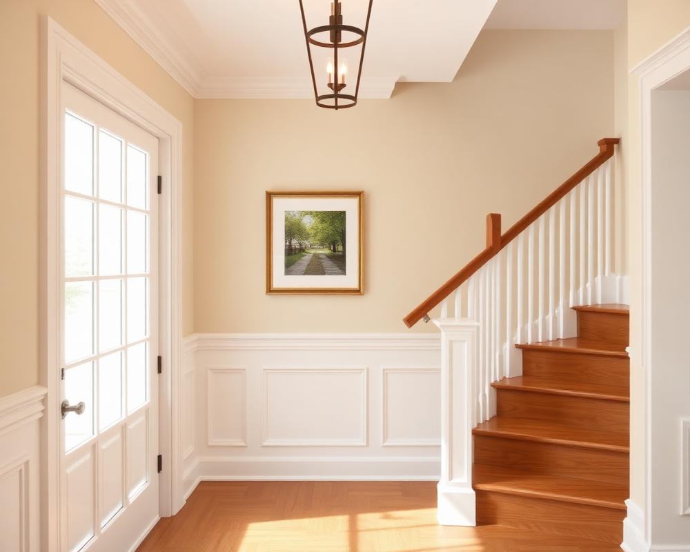 Wainscoting and picture frame molding along a stairway