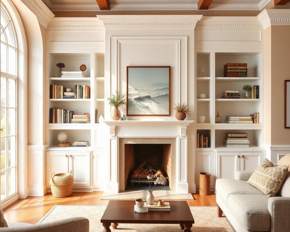 Built-in shelving with fine trim detail beside a fireplace