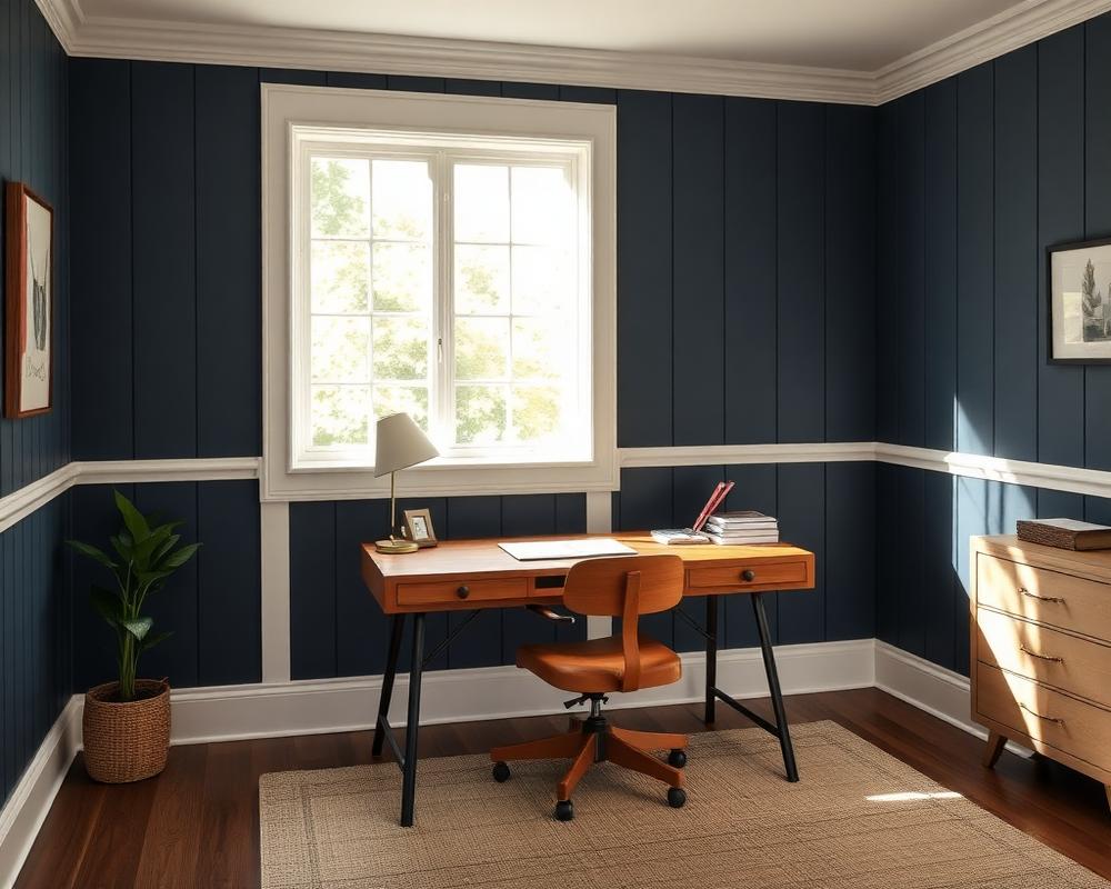 Home office with navy board and batten wall and white trim